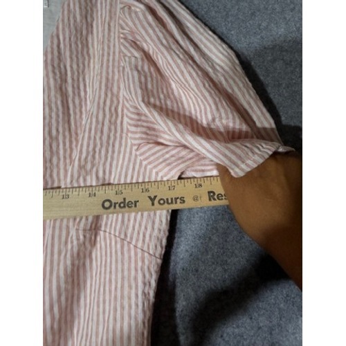 Henly Pink White Seersucker Stripe Lace Up V Neck Puff Sleeve Midi Dress Pockets — image 3 of 7
